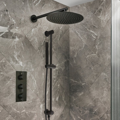 Homestylestore Black Thermostatic Mixer Valve 300mm Shower Head Riser Rail Handset Kit from B&Q