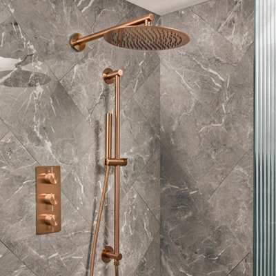Homestylestore Brushed Copper Thermostatic Mixer Valve 300mm Shower Head Riser Rail Handset Kit from B&Q