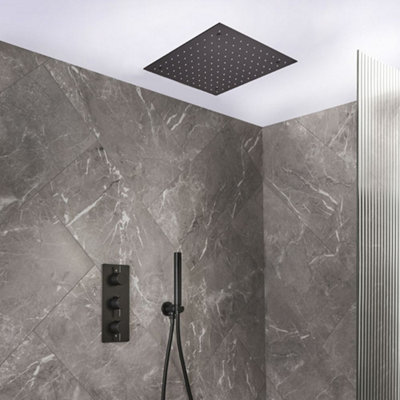 Homestylestore Black Thermostatic Mixer Valve 400mm Square Rainfall Shower Head Handset Kit from B&Q