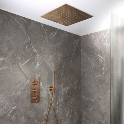 Homestylestore Brushed Copper Thermostatic Mixer Valve 400mm Square Rainfall Shower Head Handset Kit from B&Q