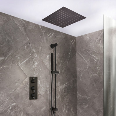 Homestylestore Black Thermostatic Mixer Valve 400mm Shower Head Riser Rail Handset Kit from B&Q