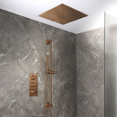 Homestylestore Brushed Copper Thermostatic Mixer Valve 400mm Shower Head Riser Rail Handset Kit from B&Q