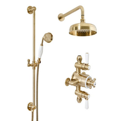 Homestylestore Brushed Brass 2 Outlet Exposed Triple Thermostatic Mixer Shower Valve With Round Shower Head And Riser Rail Kit from B&Q