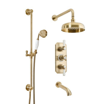 Homestylestore Brushed Brass Diverter Thermostatic Mixer Valve With Round Shower HeadRiser Rail Kit And Wall Mounted Bath Spout from B&Q