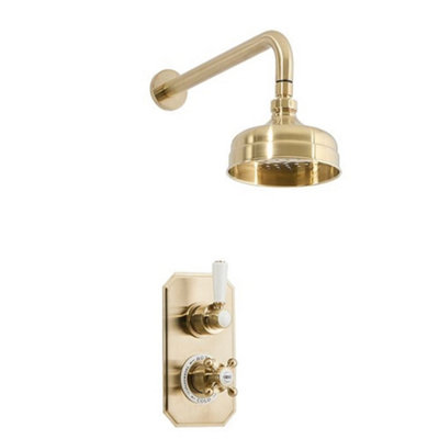 Homestylestore Brushed Brass Twin Thermostatic Mixer Shower Valve With Round Fixed Shower Head And Wall Mounted Shower Arm from B&Q