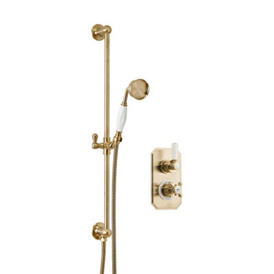 Homestylestore Brushed Brass Twin Thermostatic Mixer Valve And Riser Rail Kit With Hand ShowerHoseRiser Rail And Outlet Elbow from B&Q
