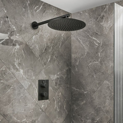 Homestylestore Black Twin Thermostatic Mixer Valve 300mm Wall Mounted Round Rainfall Shower Head from B&Q
