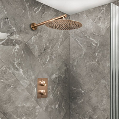 Homestylestore Brushed Copper Twin Thermostatic Mixer Valve 300mm Wall Mounted Round Rainfall Shower Head from B&Q