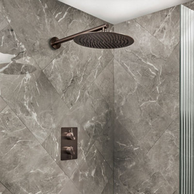 Homestylestore Black Nickel Twin Thermostatic Mixer Valve 300mm Wall Mounted Round Rainfall Shower Head from B&Q