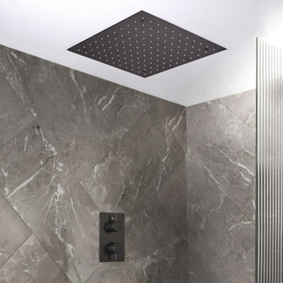 Homestylestore Black Twin Thermostatic Mixer Valve 400mm Recessed Square Rainfall Shower Head from B&Q
