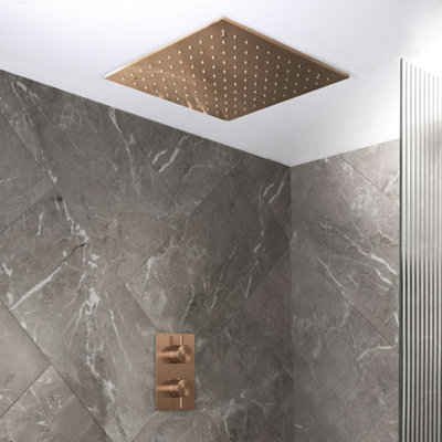 Homestylestore Brushed Copper Twin Thermostatic Mixer Valve 400mm Recessed Square Rainfall Shower Head from B&Q