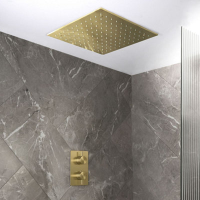 Homestylestore Brushed Brass Twin Thermostatic Mixer Valve 400mm Recessed Square Rainfall Shower Head from B&Q