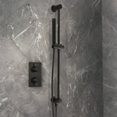 Homestylestore Black Twin Thermostatic Mixer Valve Riser Rail Slide Bar Hand Shower Handset Kit from B&Q
