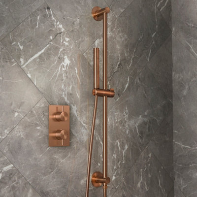Homestylestore Brushed Copper Twin Thermostatic Mixer Valve Riser Rail Slide Bar Hand Shower Handset Kit from B&Q
