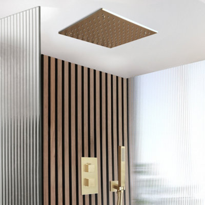 Homestylestore Brushed Brass Twin Diverter Thermostatic Mixer Shower Valve 400mm Recessed Shower Head Hand Shower Handset Kit from B&Q