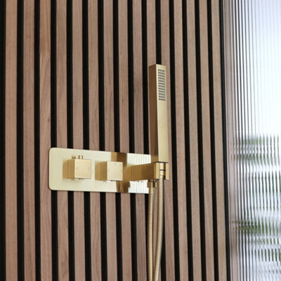 Homestylestore Brushed Brass Twin Diverter Thermostatic Mixer Shower Valve Hand Shower Handset Kit from B&Q