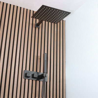 Homestylestore Black Twin Diverter Thermostatic Mixer Shower Valve 300mm Shower Head Hand Shower Handset Kit from B&Q