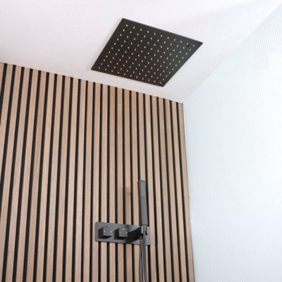 Homestylestore Black Diverter Thermostatic Mixer Shower Valve 400mm Recessed Shower Head Hand Shower Handset Kit from B&Q
