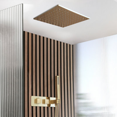 Homestylestore Brushed Brass Diverter Thermostatic Mixer Shower Valve 400mm Recessed Shower Head Hand Shower Handset Kit from B&Q
