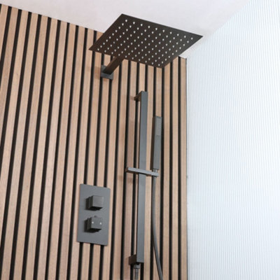 Homestylestore Black Twin Diverter Thermostatic Mixer Shower Valve 300mm Shower Head Hand Shower Riser Rail from B&Q