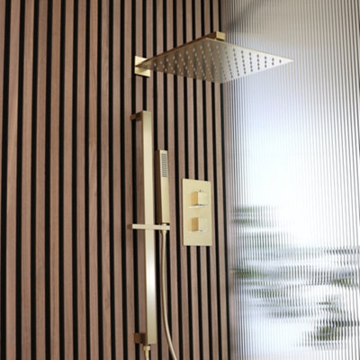 Homestylestore Brushed Brass Twin Diverter Thermostatic Mixer Shower Valve 300mm Shower Head Hand Shower Riser Rail from B&Q