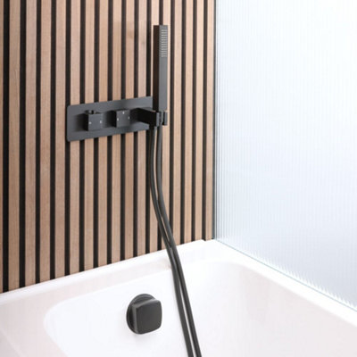 Homestylestore Black Twin Diverter Thermostatic Mixer Shower Valve Overflow Bath Filler Hand Shower Handset Kit from B&Q