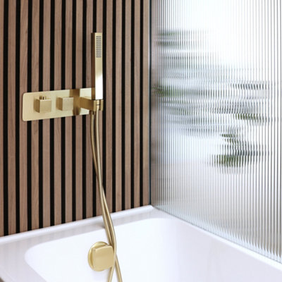 Homestylestore Brushed Brass Twin Diverter Thermostatic Mixer Shower Valve Overflow Bath Filler Hand Shower Handset Kit from B&Q