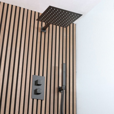 Homestylestore Black Diverter Thermostatic Mixer Shower Valve 300mm Shower Head Hand Shower Handset Kit from B&Q