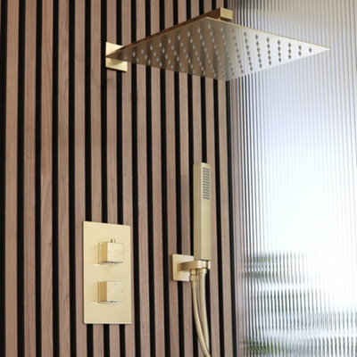 Homestylestore Brushed Brass Diverter Thermostatic Mixer Shower Valve 300mm Shower Head Hand Shower Handset Kit from B&Q