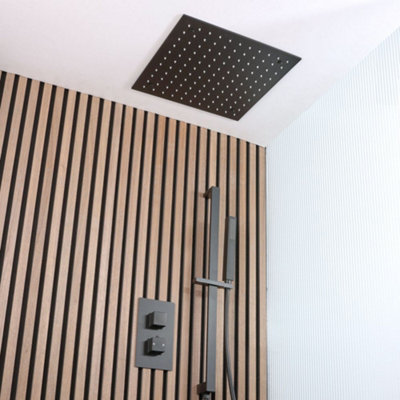 Homestylestore Black Twin Diverter Thermostatic Mixer Shower Valve 400mm Recessed Shower Head Hand Shower Riser Rail from B&Q