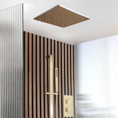 Homestylestore Brushed Brass Twin Diverter Thermostatic Mixer Shower Valve 400mm Recessed Shower Head Hand Shower Riser Rail from B&Q