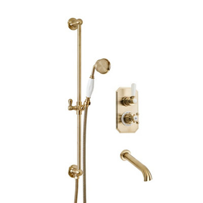 Homestylestore Brushed Brass 2 Outlet Diverter Thermostatic Mixer Valve With Riser Rail Kit And Wall Mounted Bath Spout from B&Q