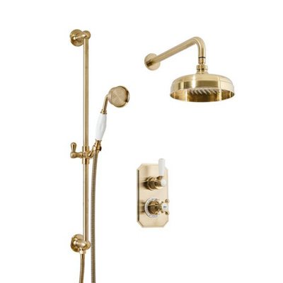 Homestylestore Brushed Brass 2 Outlet Twin Diverter Thermostatic Mixer Shower Valve With Round Shower Head And Riser Rail Kit from B&Q