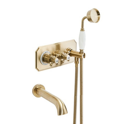 Homestylestore Brushed Brass Twin Diverter Thermostatic Mixer Shower Valve With Hand ShowerHose And Wall Mounted Bath Spout from B&Q