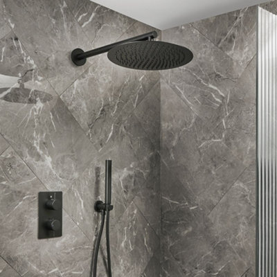 Homestylestore Black Thermostatic Diverter Mixer Valve 300mm Round Rainfall Shower Head Handset Kit from B&Q