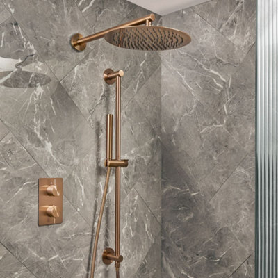 Homestylestore Brushed Copper Thermostatic Diverter Mixer Valve 300mm Shower Head Riser Rail Handset Kit from B&Q