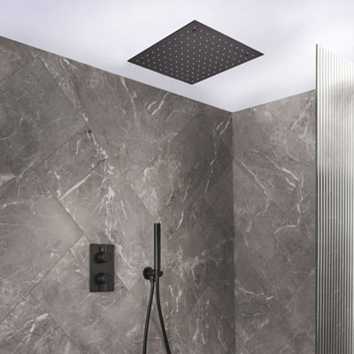 Homestylestore Black Thermostatic Diverter Mixer Valve 400mm Square Rainfall Shower Head Handset Kit from B&Q