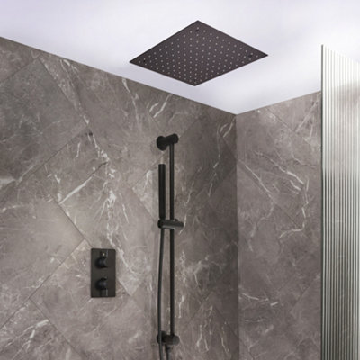 Homestylestore Black Thermostatic Diverter Mixer Valve 400mm Shower Head Riser Rail Handset Kit from B&Q