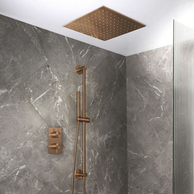 Homestylestore Brushed Copper Thermostatic Diverter Mixer Valve 400mm Shower Head Riser Rail Handset Kit from B&Q