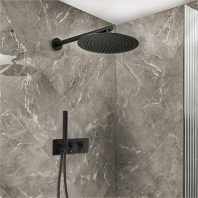 Homestylestore Black Twin Diverter Thermostatic Mixer Shower Valve 300mm Rainfall Shower Head Handset Kit from B&Q