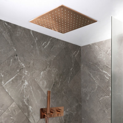 Homestylestore Brushed Bronze Twin Diverter Thermostatic Mixer Shower Valve 400mm Rainfall Shower Head Handset Kit from B&Q