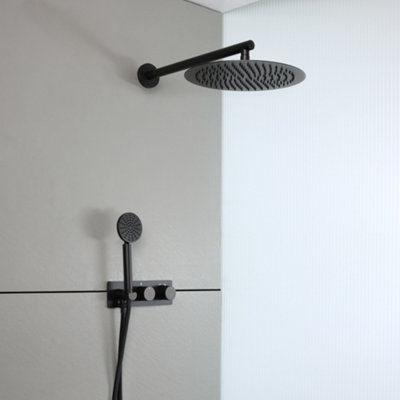 Homestylestore Black Diverter Thermostatic Mixer Shower Valve 300mm Rainfall Shower Head Handset Kit from B&Q