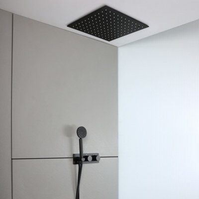 Homestylestore Black Diverter Thermostatic Mixer Shower Valve 400mm Rainfall Shower Head Handset Kit from B&Q