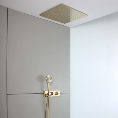 Homestylestore Brushed Brass Diverter Thermostatic Mixer Shower Valve 400mm Rainfall Shower Head Handset Kit from B&Q