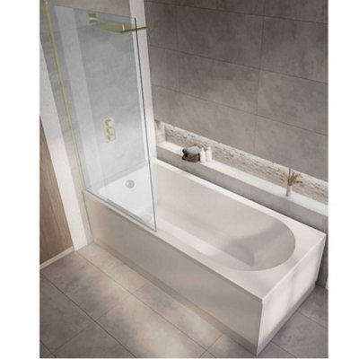 Homestylestore White 1500 X 700mm Bathroom Single Ended Round Shower Bath With Brushed Gold ScreenSide And End Panels from B&Q