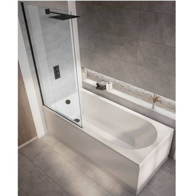Homestylestore White 1700 X 700mm Bathroom Single Ended Round Shower Bath With Black ScreenSide And End Panels from B&Q