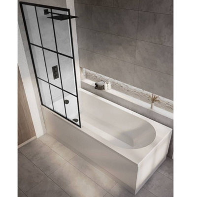 Homestylestore White 1500 X 700mm Bathroom Single Ended Round Shower Bath With Black Grid ScreenSide And End Panels from B&Q
