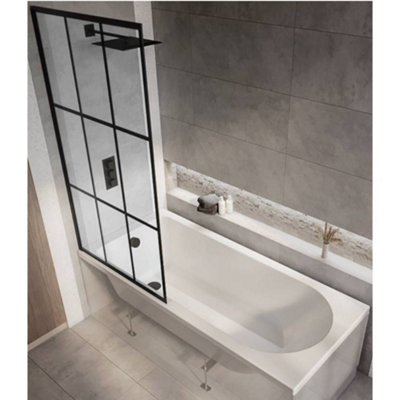 Homestylestore White 1800 X 800mm Bathroom Single Ended Round Shower Bath With Black Grid Pattern Screen from B&Q