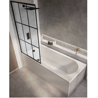 Homestylestore White 1800 X 800mm Bathroom Single Ended Round Shower Bath With Black Grid Screen And Side Panel from B&Q