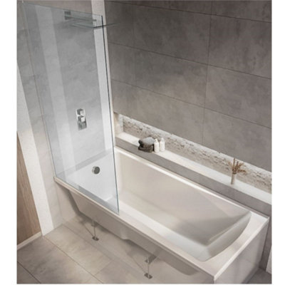 Homestylestore White 1800 X 800mm Bathroom Single Ended Square Shower Bath With Chrome Screen from B&Q